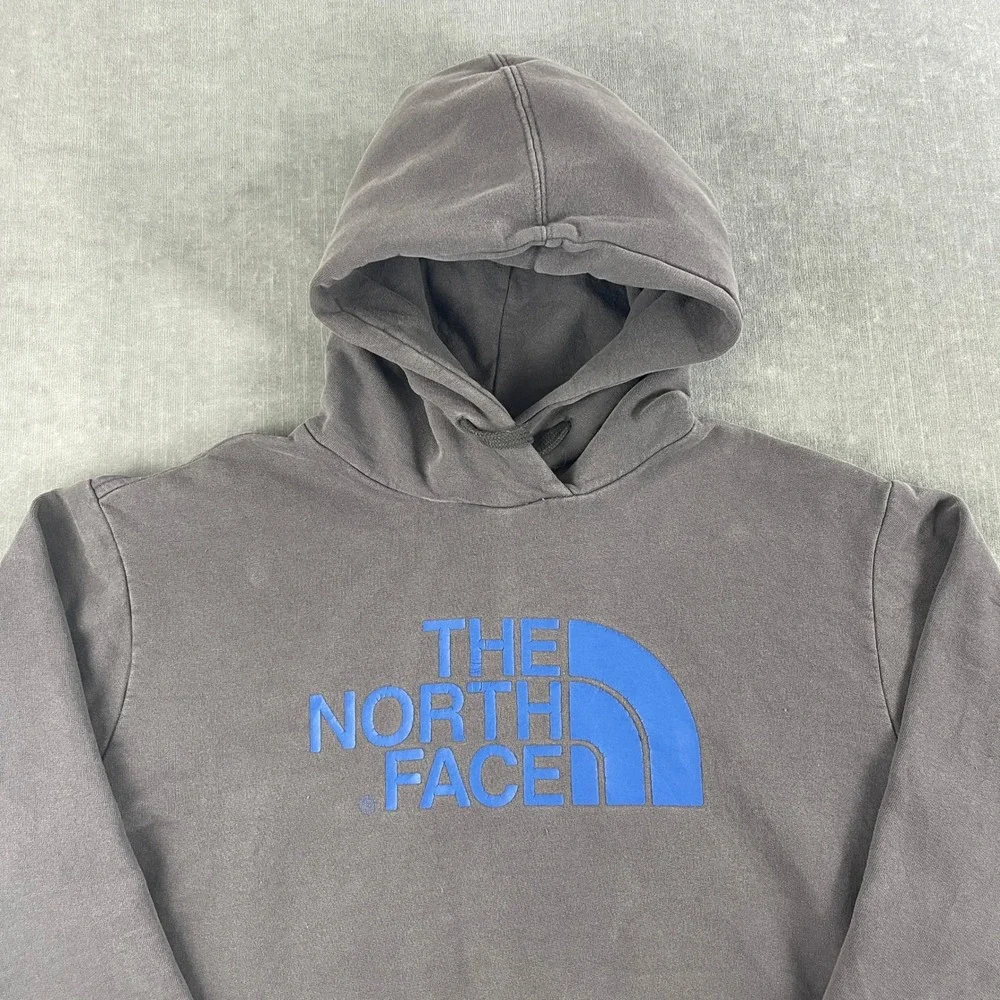 The North Face Men Large Gray Hoodie Blue Logo Graphic Pullover Sweatshirt